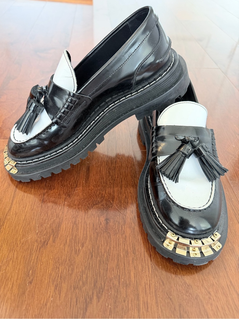 Sandro Jackson Black White Leather Tassel Chunky Lug Sole Loafers 37 - Picture 3 of 6